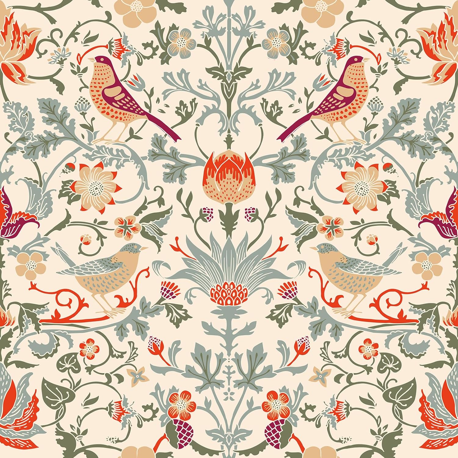 17.5"x475" Beige Floral Peel and Stick Western Wallpaper Vintage William Morris Wallpaper Botanical Fruit Birds Leaf Boho Flower Wall Paper for Bathroom Floral Contact Paper for Arts and Crafts