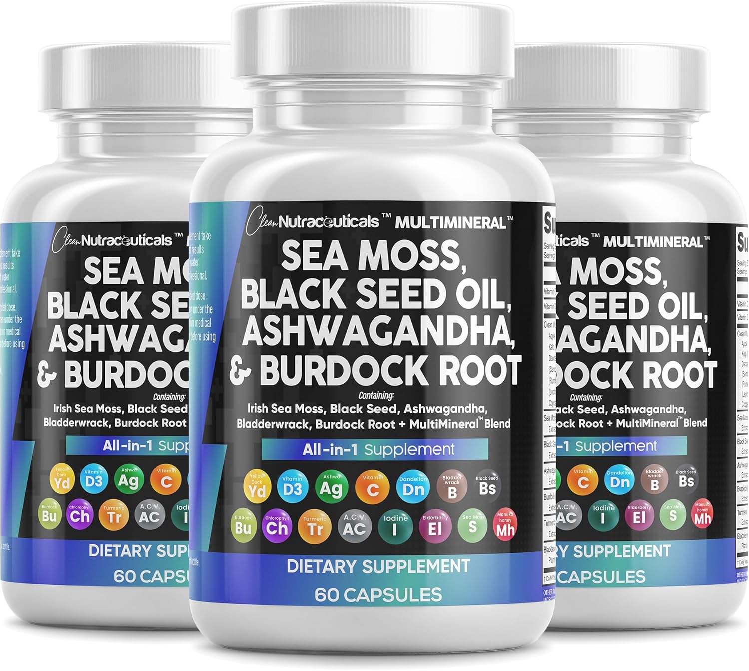 Sea Moss Black Seed Oil Ashwagandha Turmeric Bladderwrack Burdock & Vitamin C Vitamin D3 with Elderberry Manuka Dandelion Yellow Dock Iodine Chlorophyll ACV - 3Pack