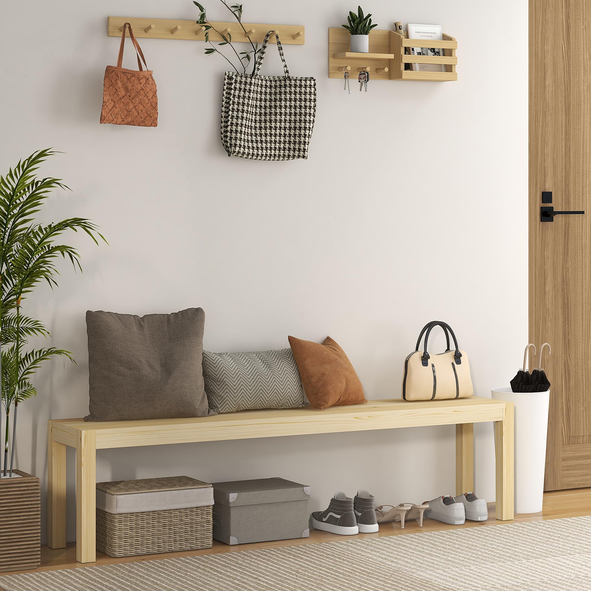 HOMCOM Banc de cuisine 3 places en bois - Charge maximale : 330 kg - Design maison de campagne - Pour couloir, entrée, cuisine, salle à manger - Bois - 175 x 33 x 45 cm - Naturel