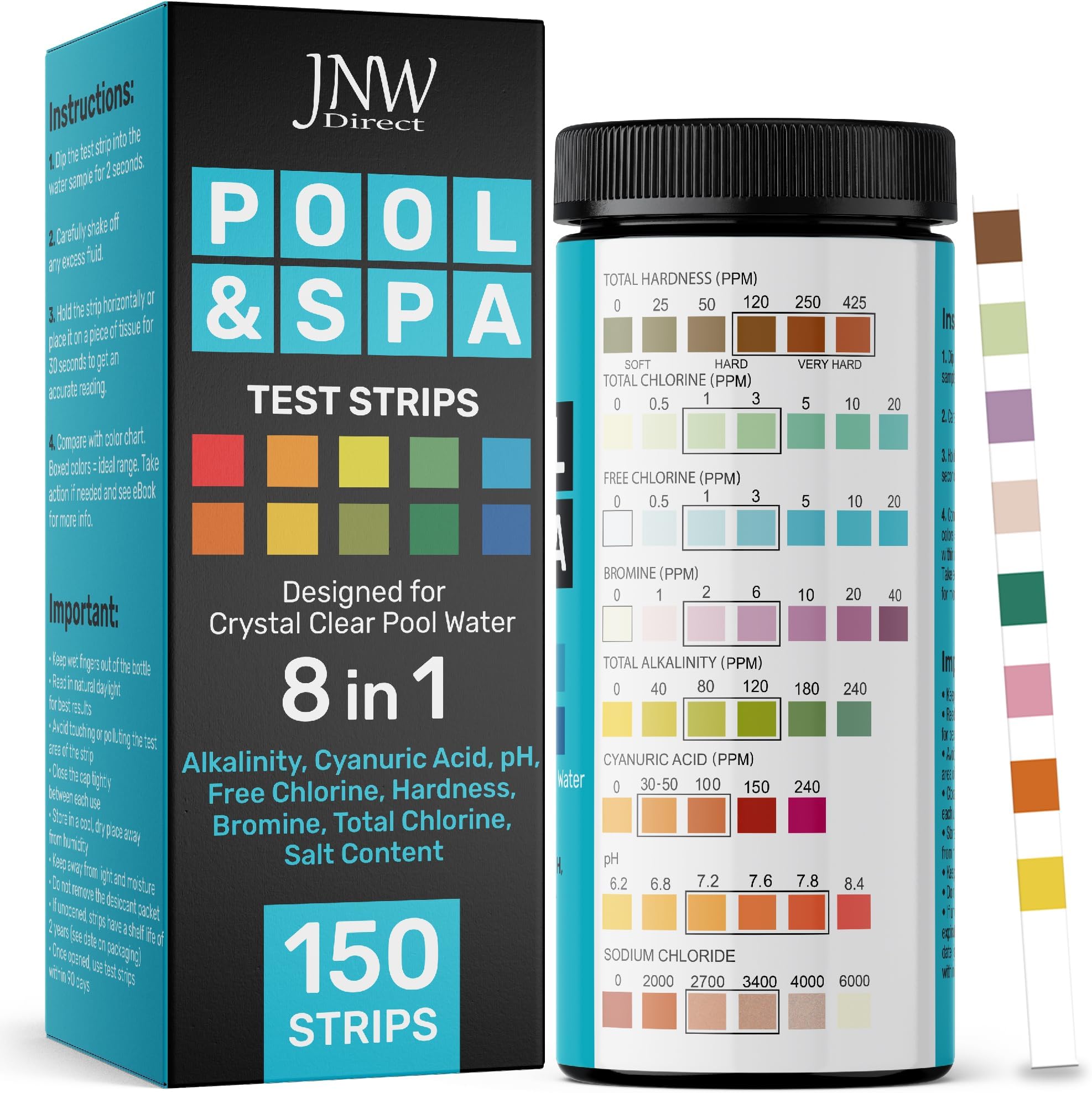 Pool Test Strips 8-in-1, 150 Quick and Accurate Pool and Hot Tub Test Strips - Pool Water Testing Kit for Chlorine, Bromine, pH, Hardness, More - All in 1 Swimming Pool Test Strips by JNW