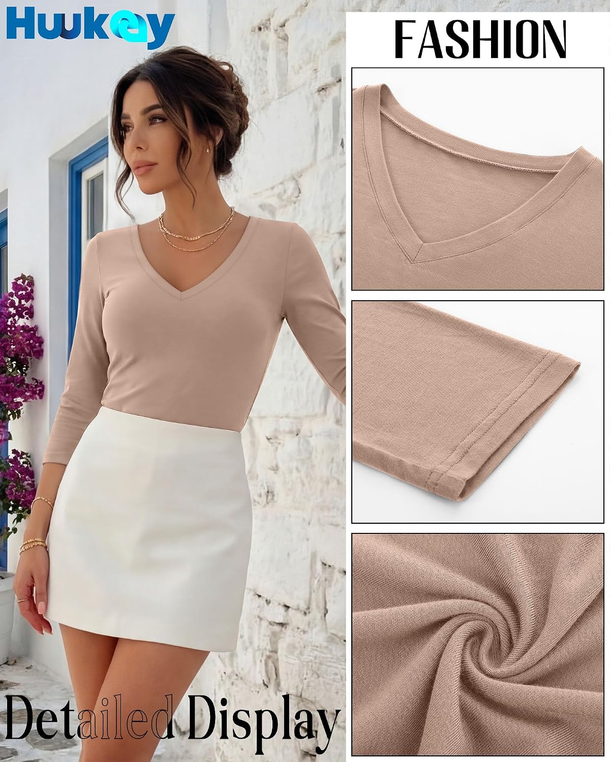 Huukeay 3 Pack Women's 3/4 Sleeve T-Shirts, Summer V Neck Slim Fit Tops Casual Tight Going Out Blouse Basic Layer Tees
