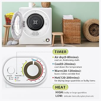 Euhomy Portable Clothes Dryer for Laundry, 1.5 Cu. Ft. Small Portable Dryers for Clothes, 120V Electric Dryer with Stainless Steel Drum, 850W Dryer Machine for Apartments, White