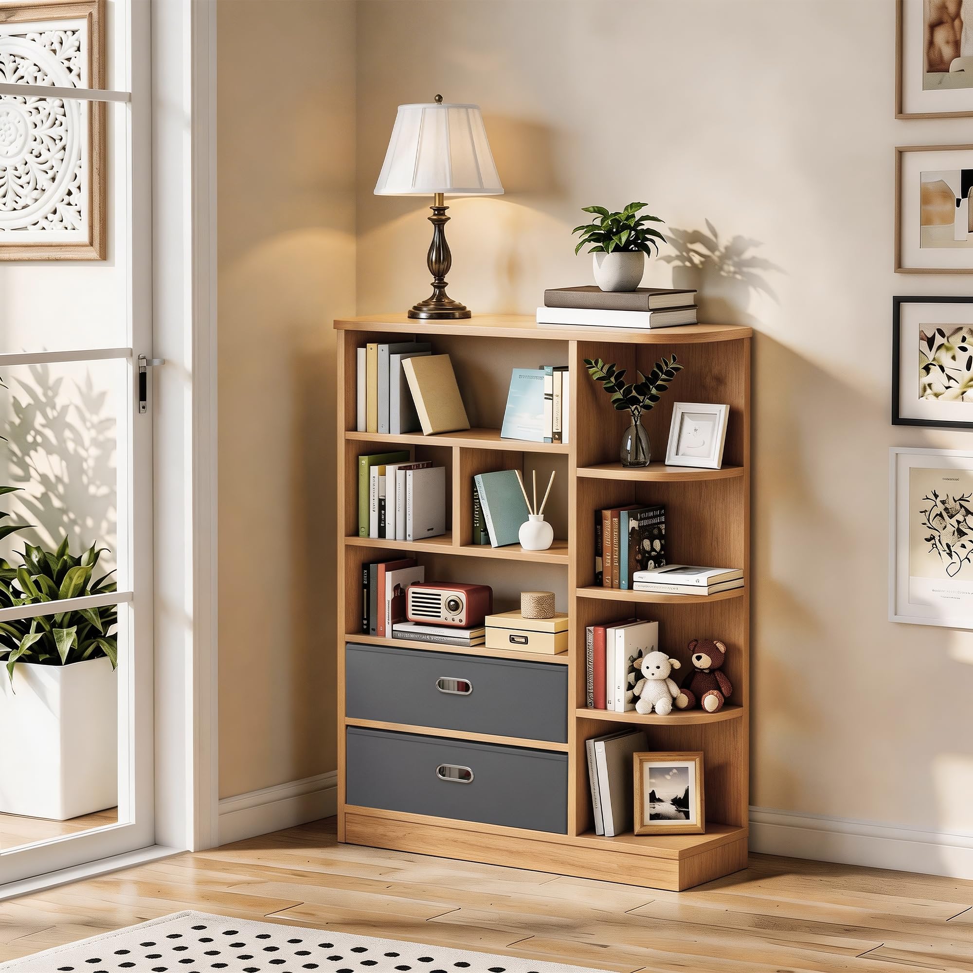 YITAHOME Librería Independiente con 8 estantes Abiertos y 2 cajones (tapizada), para salón, Dormitorio u Oficina, Acabado Roble, 80 cm (Ancho) × 24 cm (Profundidad) × 115 cm (Alto)