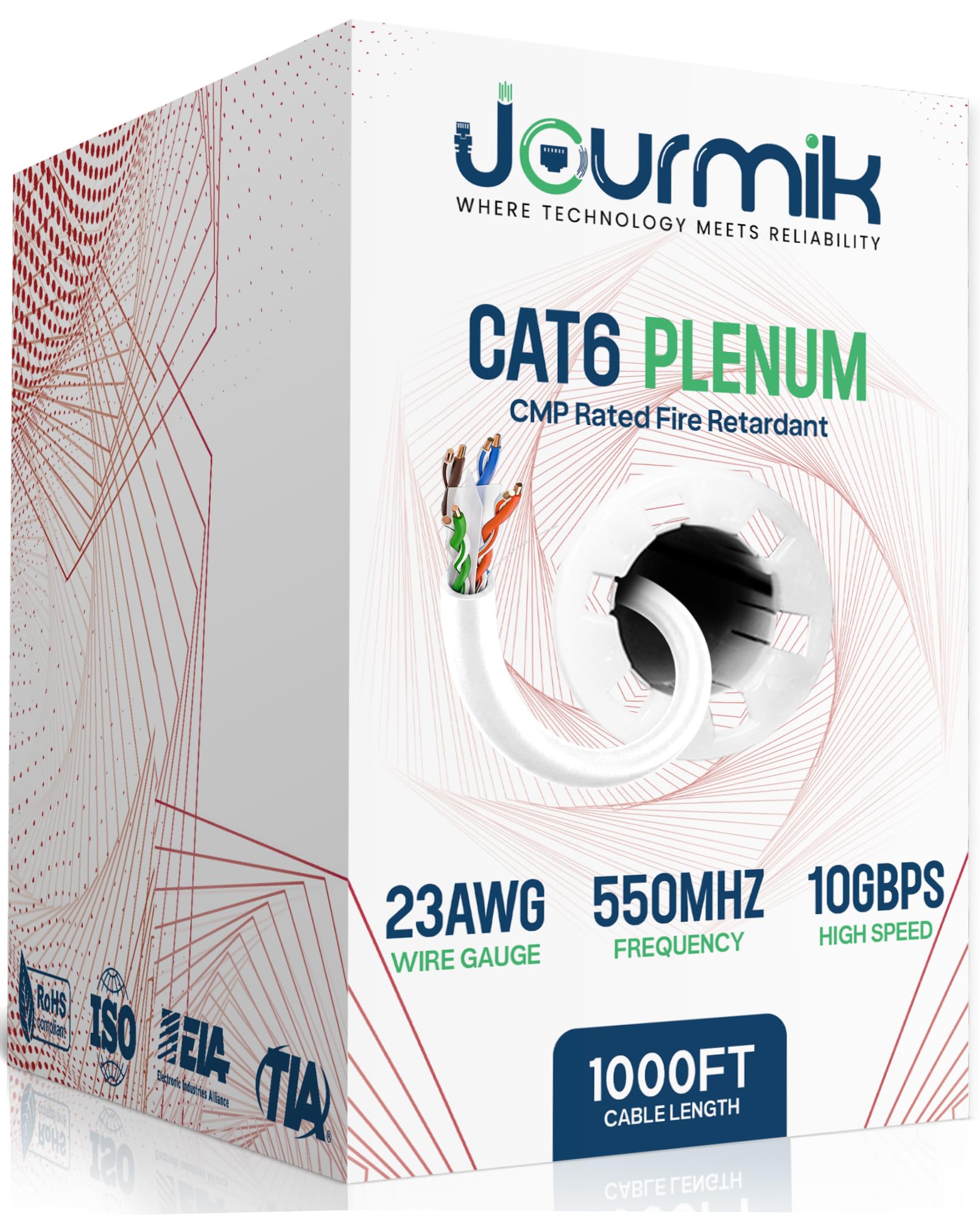 Jourmik | Câble plénum Cat6 de 304,8 m | Certifié DSX-8000, 23AWG, UTP, 550 MHz, 10 Gbit/s | Câble Ethernet CMP 100 % résistant au feu | Câble Ethernet Cat 6 le plus certifié pour la mise en réseau