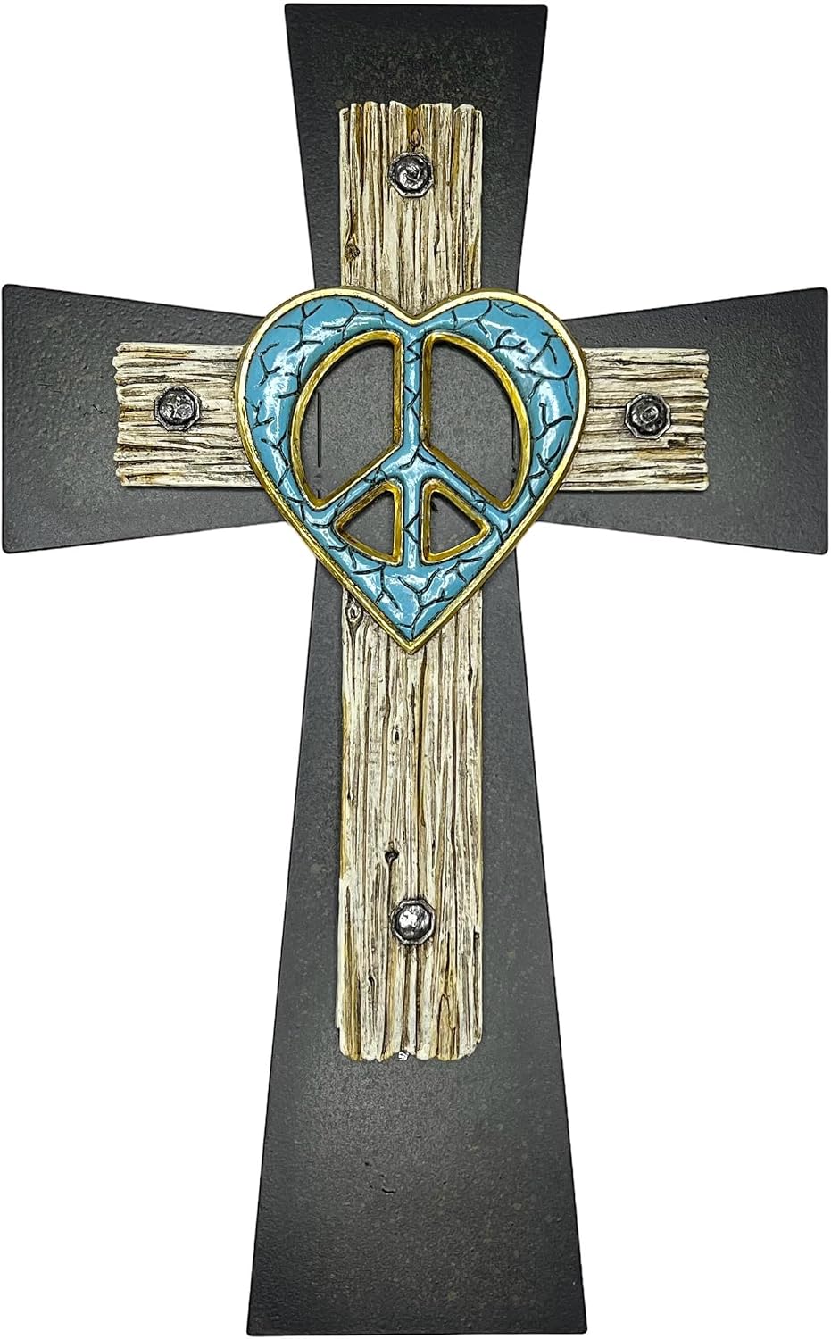 Top Brass Unique Peace Sign/Heart Wall Mounted Cross – Welded Flared Metal Base Cross – Spiritual Jesus Art Decor