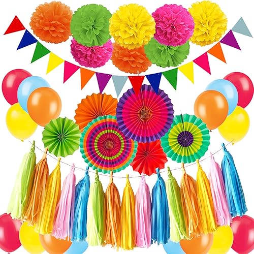 ZERODECO Holi Decor - Abanicos de papel colgantes multicolor vibrantes, pompones de látex para globos de seda, borla triangular, banderines para