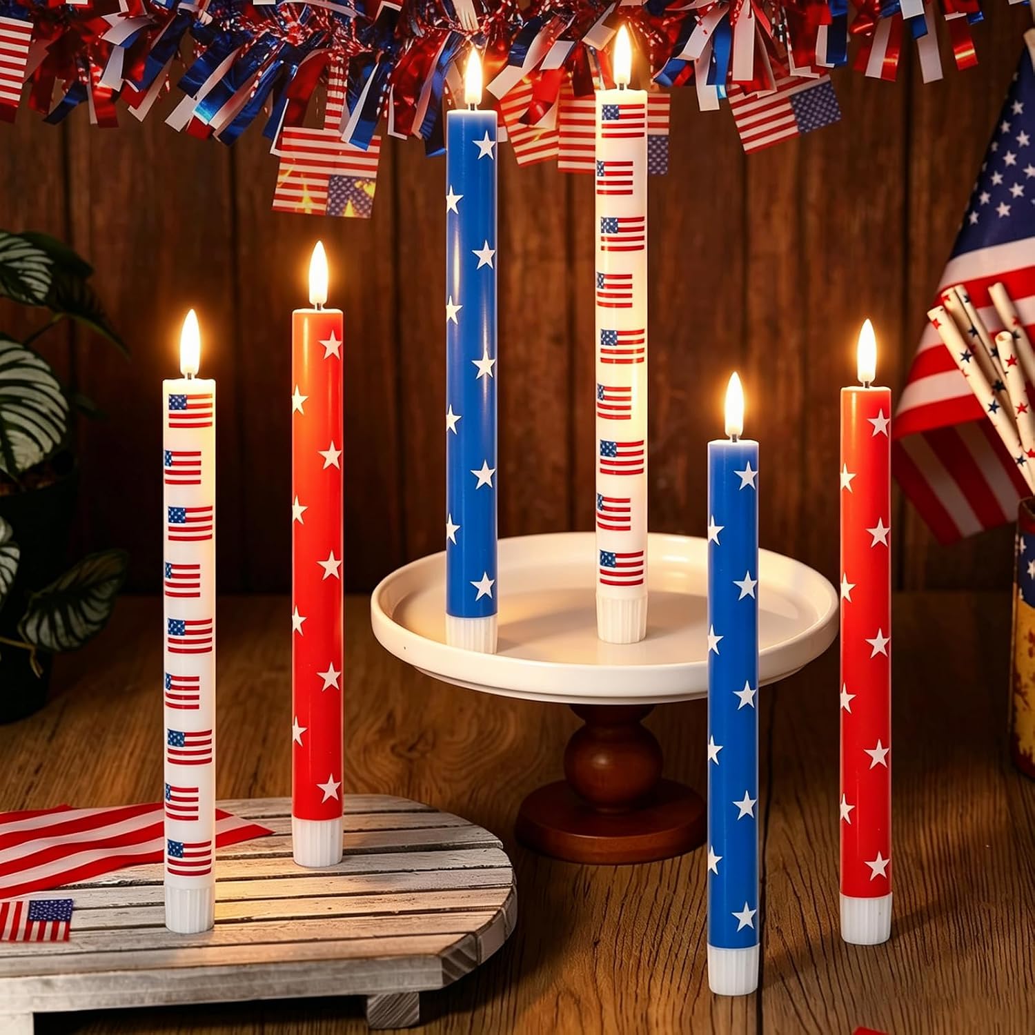 Whaline 6 Pcs Patriotic LED Flameless Candles 10 Inch Red White Blue Battery Operated Taper Candles Candlesticks with Remote for 4th of July 250th Anniversary Independence Day Home Party Decor