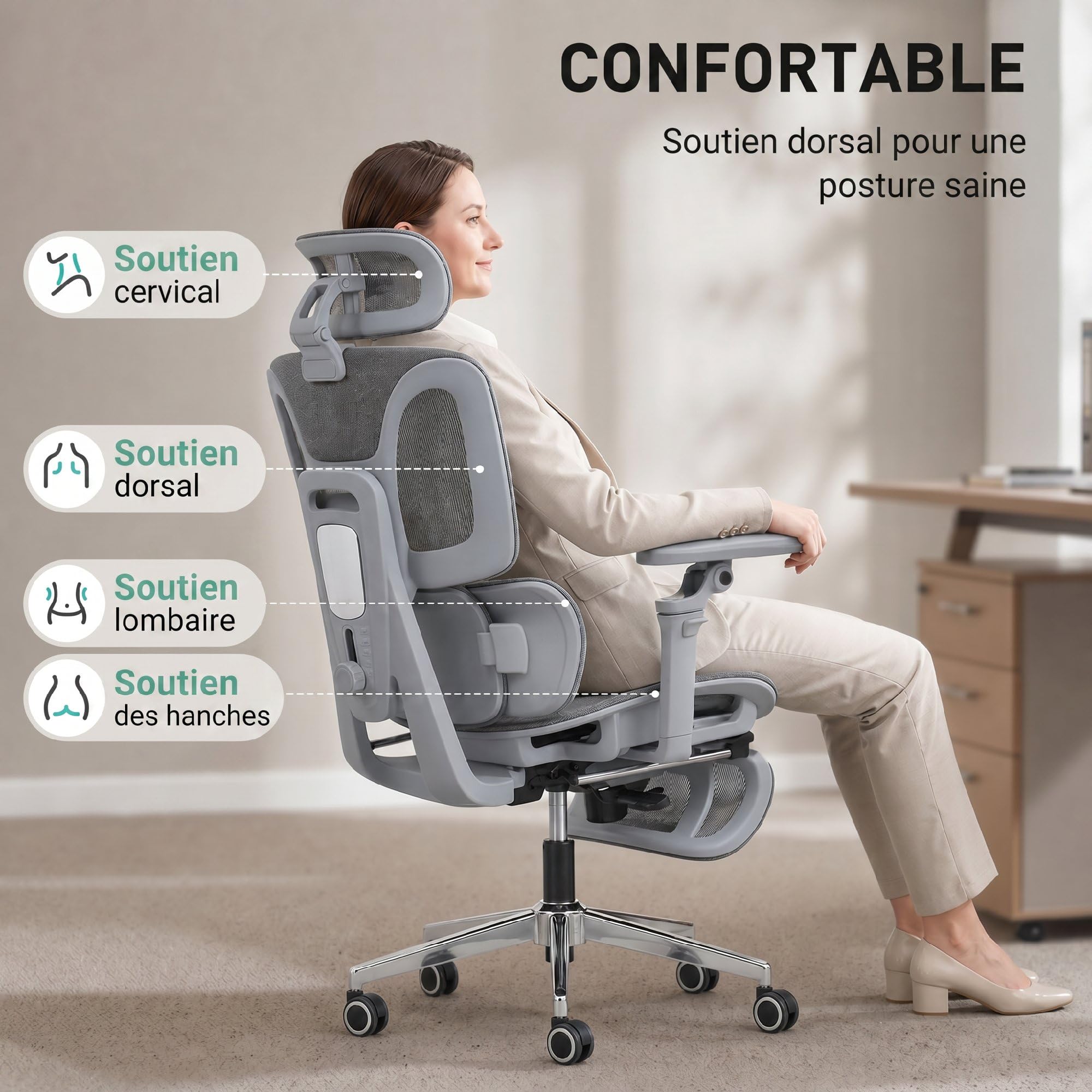 HOMCOM Ergonomiczny fotel biurowy siatkowy odchyl. podłokietniki 6D Szary