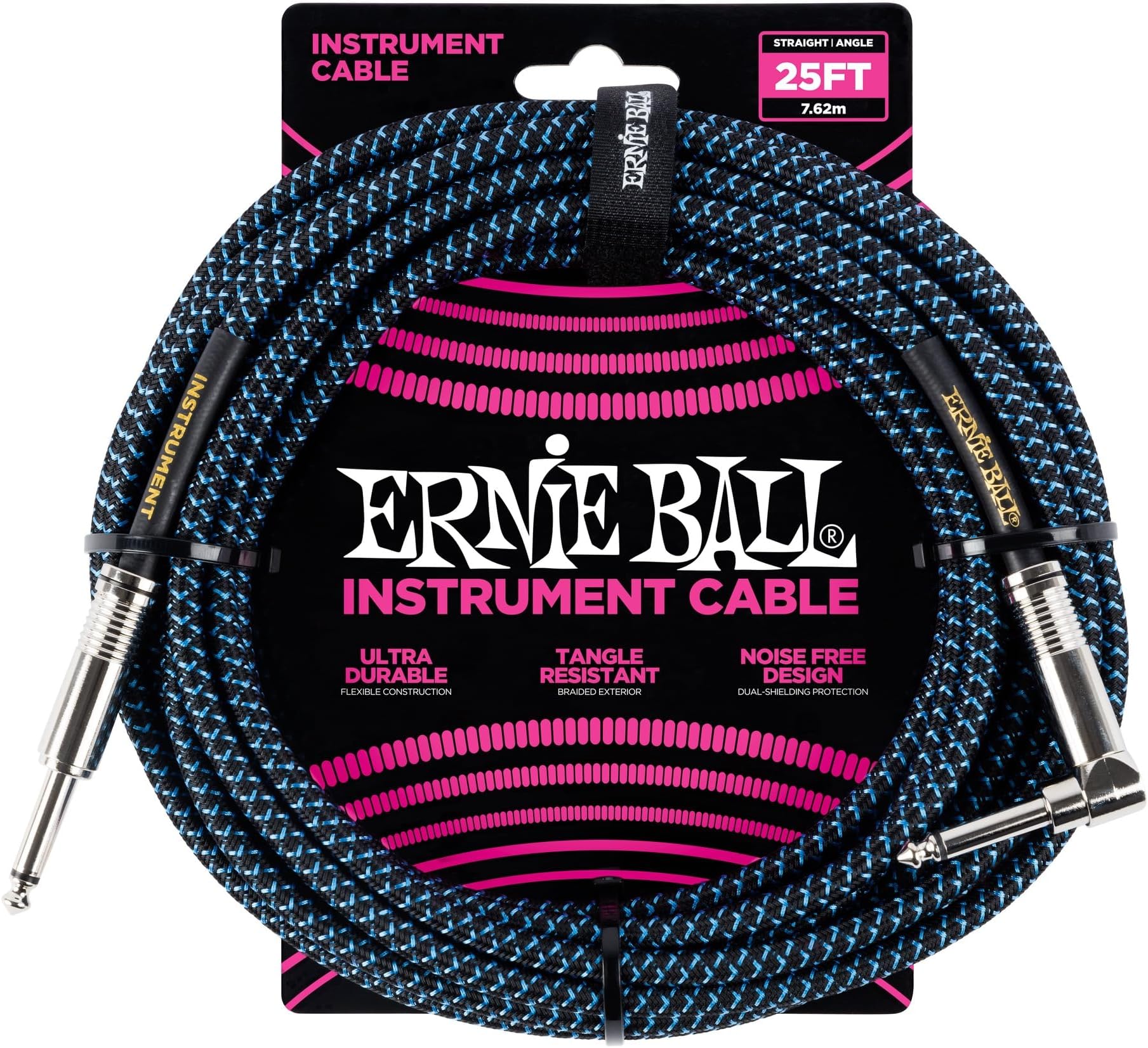Ernie Ball Braided Instrument Cable, Straight/Angle, 25ft, Blue/Black (P06060)