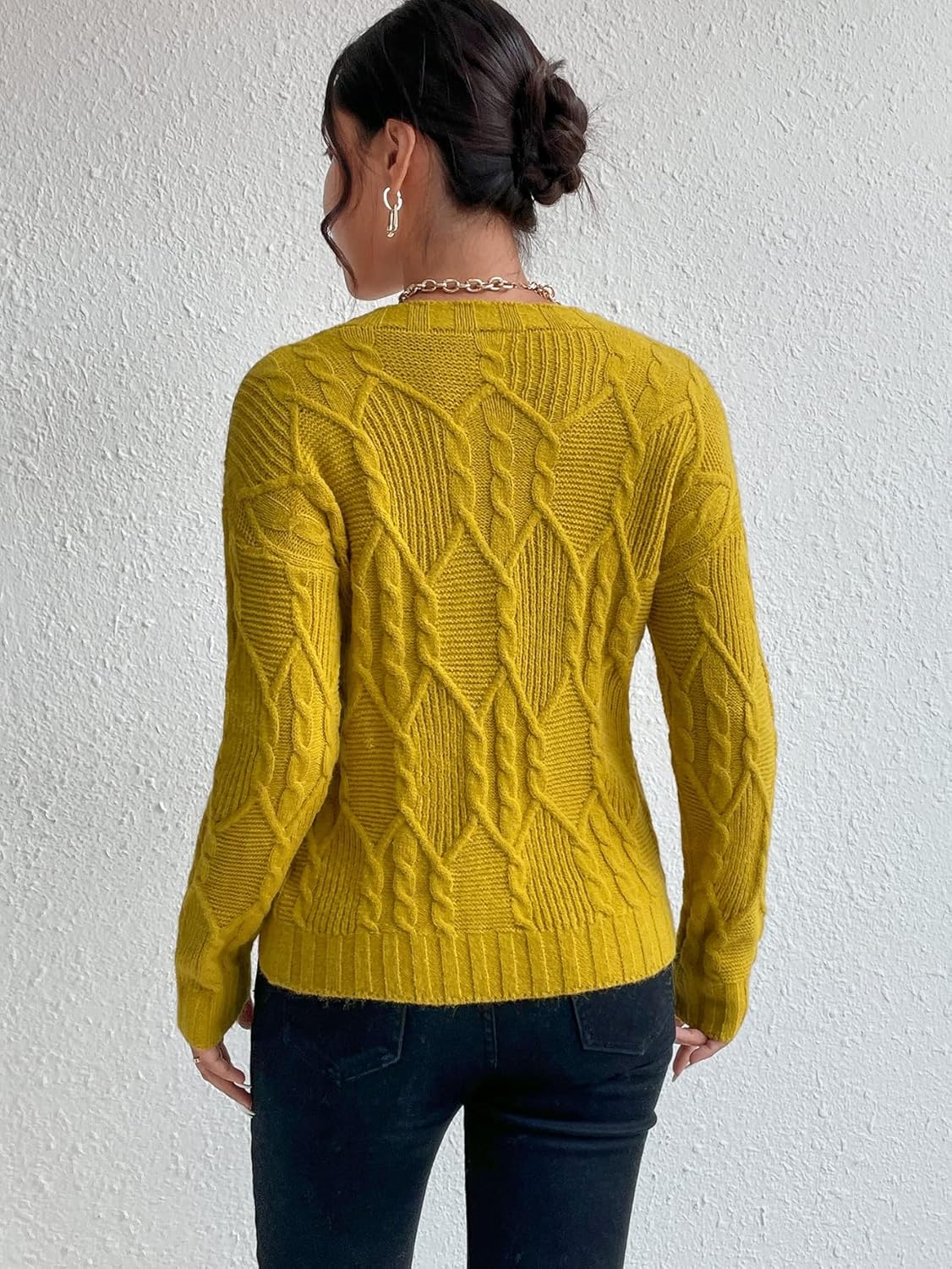 Women's Sweater Cable Knit Drop Shoulder Sweater Sweater for Women (Color : Yellow, Size : Medium)