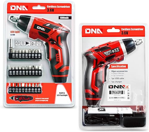 Miniatura 6 de DNA MOTORING TOOLS-00237 Kit de herramientas de destornillador eléctrico inalámbrico recargable de 3.6 V con luz de trabajo LED, color rojo