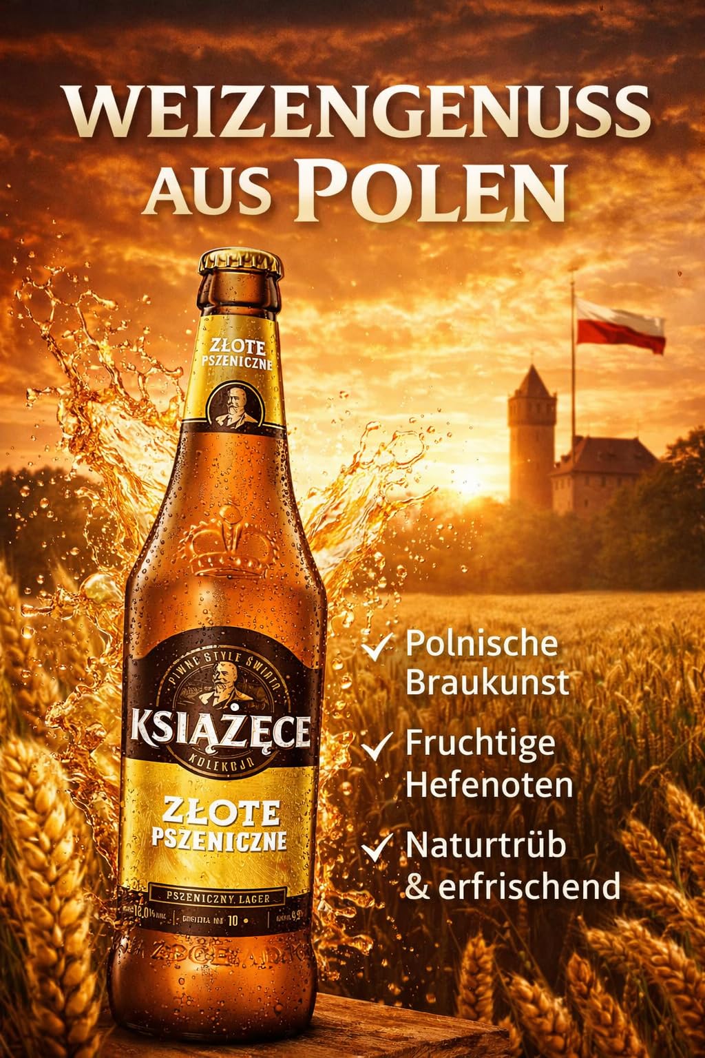 Książęce Weizen Bier 12 x 0,5l – 4,9% Vol. – Polnisches Weizenbier – Hefeweizen naturtrüb – Weizengenuss aus Polen – 12er Flaschen Set