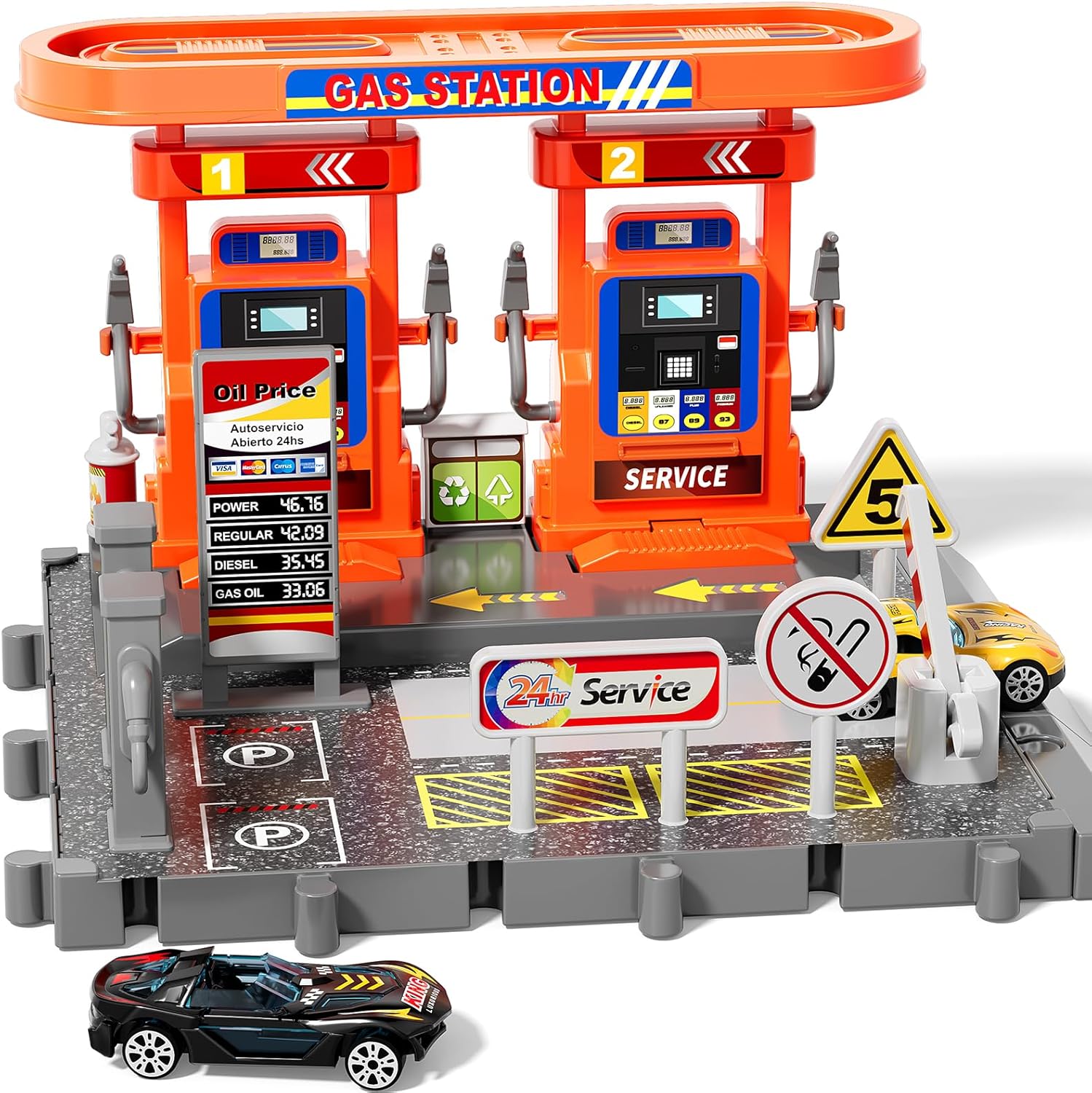 Toy Cars Playsets, Kids Gasstation Pump Toys with Moveable Hoses, Parking Lot, 1:64 Scale Die-Cast Toy Cars and Car Garage Toys for Toddlers 1-3, Car-Activated Playing Method