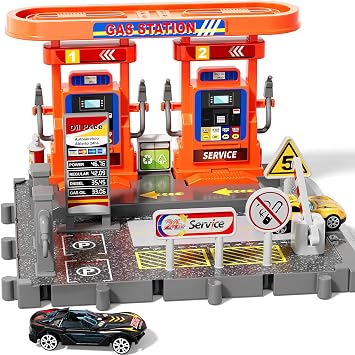 Toy Cars Playsets, Kids Gasstation Pump Toys with Moveable Hoses