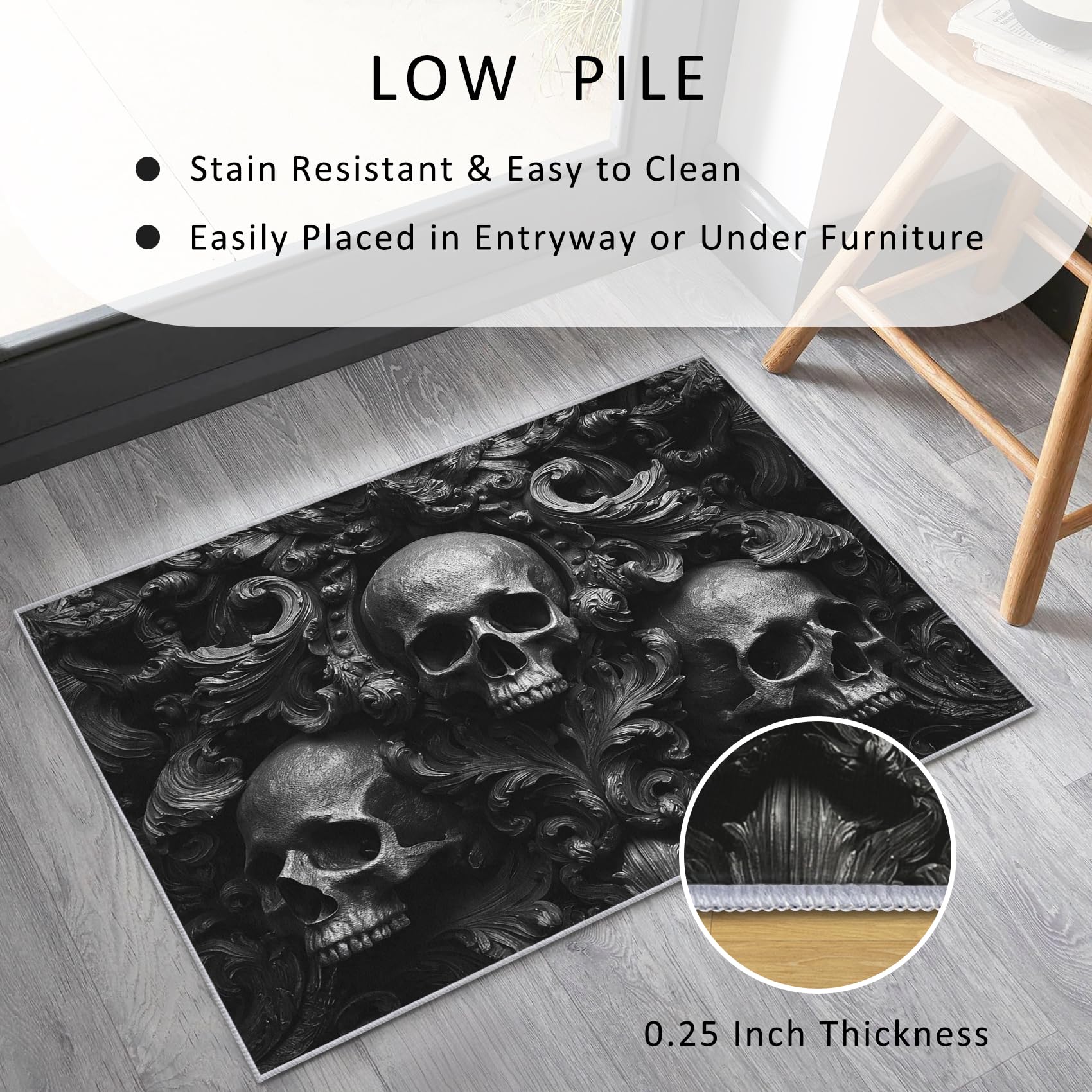 Tapis Tête De Mort Salon 120x170 cm Motif 3D Gothique Jacquard, Tapis Lavable Antidérapant Doux Poil Court, Decoration Chambre Descente De Lit Carpet