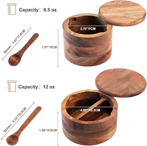 Miniatura 3 de Cuenco de madera de acacia para sal y pimienta, bodega de sal y especias de madera natural, caja de almacenamiento con cuchara integrada y tapa