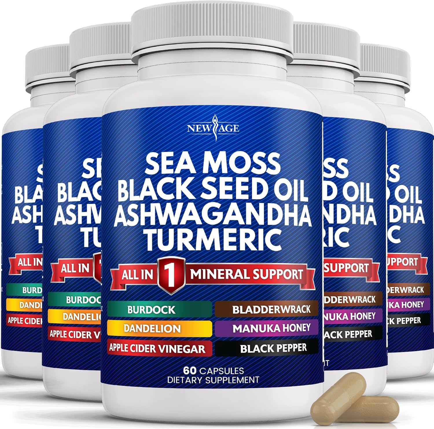 NEW AGE Sea Moss Capsules, Black Seed Oil Ashwagandha Turmeric Bladderwrack Burdock - with Manuka, Honey Dandelion, ACV Black Pepper Gluten Free