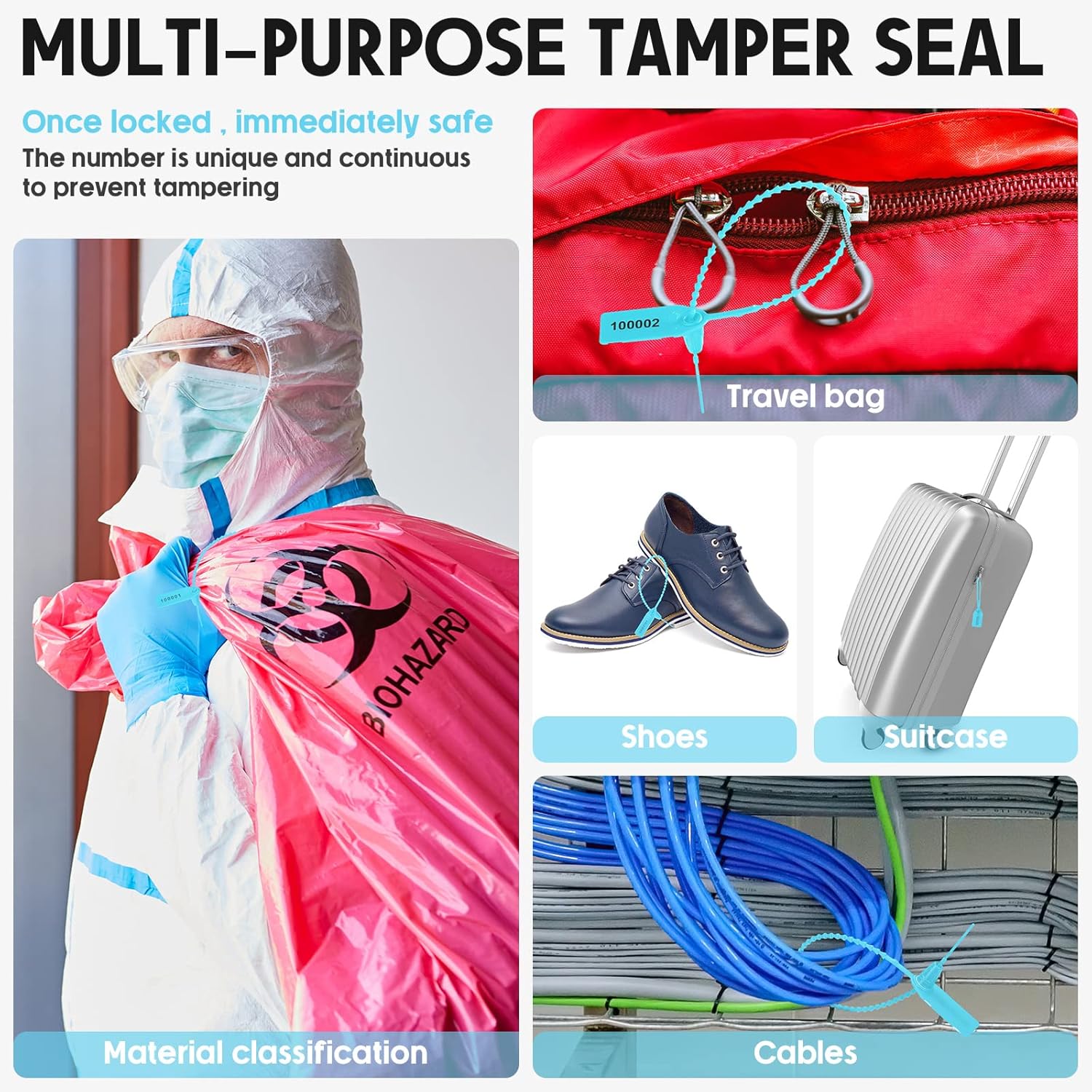 1000 Pcs Plastic Tamper Seals Fire Extinguisher Tags Security Tags Seals Safety Numbered Zip Ties Labels Safety Disposable Self Locking Signage 250 mm Length (Light Blue) - Image 4