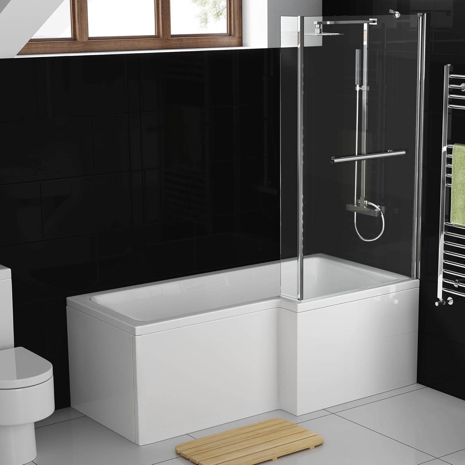 1700 mm Right Hand LShaped Straight Shower Bath with Glass Shower