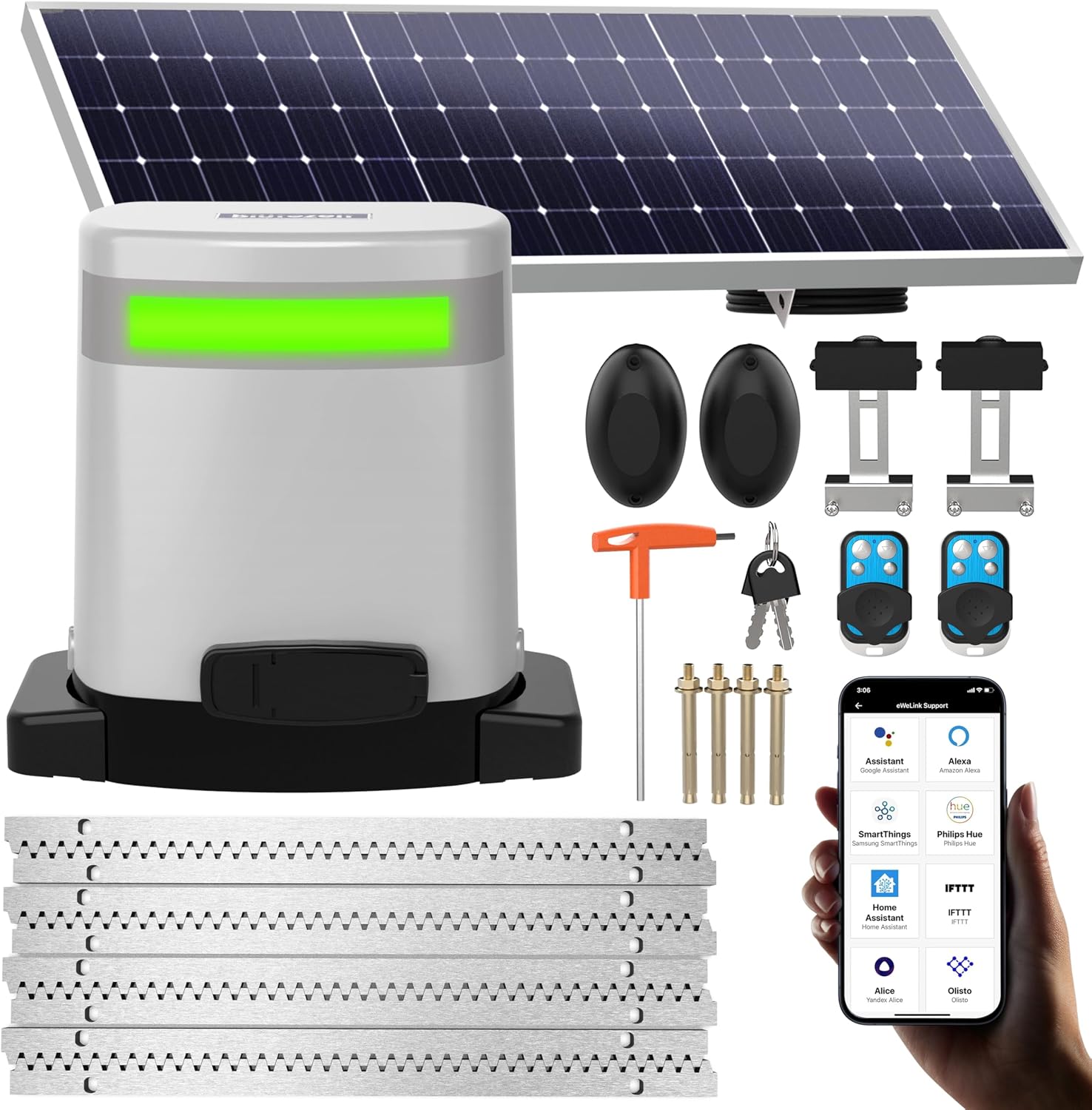 Blütezeit 1400lb Sliding Gate Opener, Solar Power | WiFi Control | Battery Backup, Rack-Drive Automatic Slide Gate Motor with IR Sensor Remote Complete Kits (Solar Panel NOT Included)