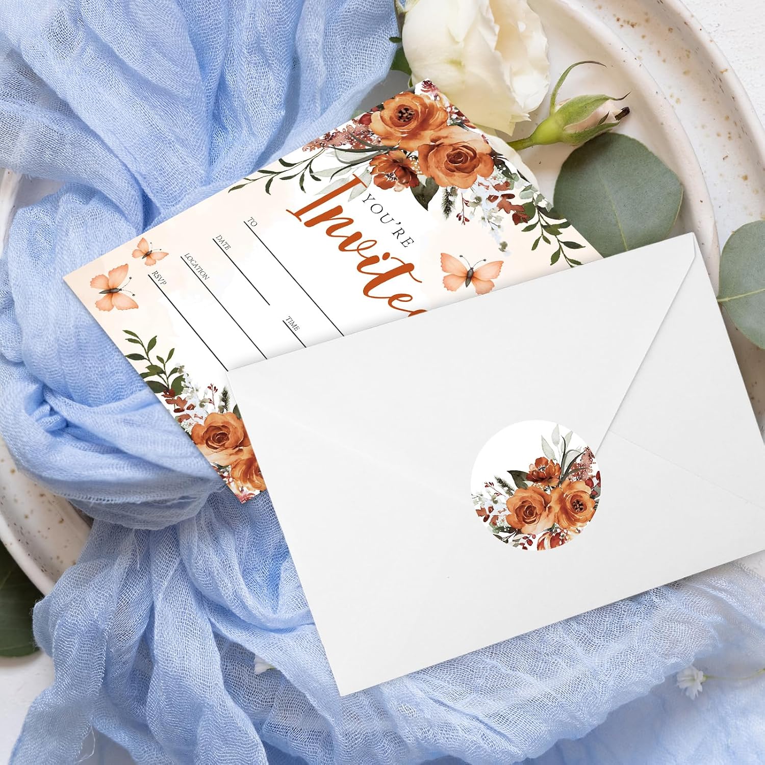 JarThenaAMCS 25Pcs Watercolor Floral Invitations with Envelopes Orange Rose Invitation Cards Flower Fill in Blank Party Invites for Wedding Birthday Supplies, 5 x 7 Inch