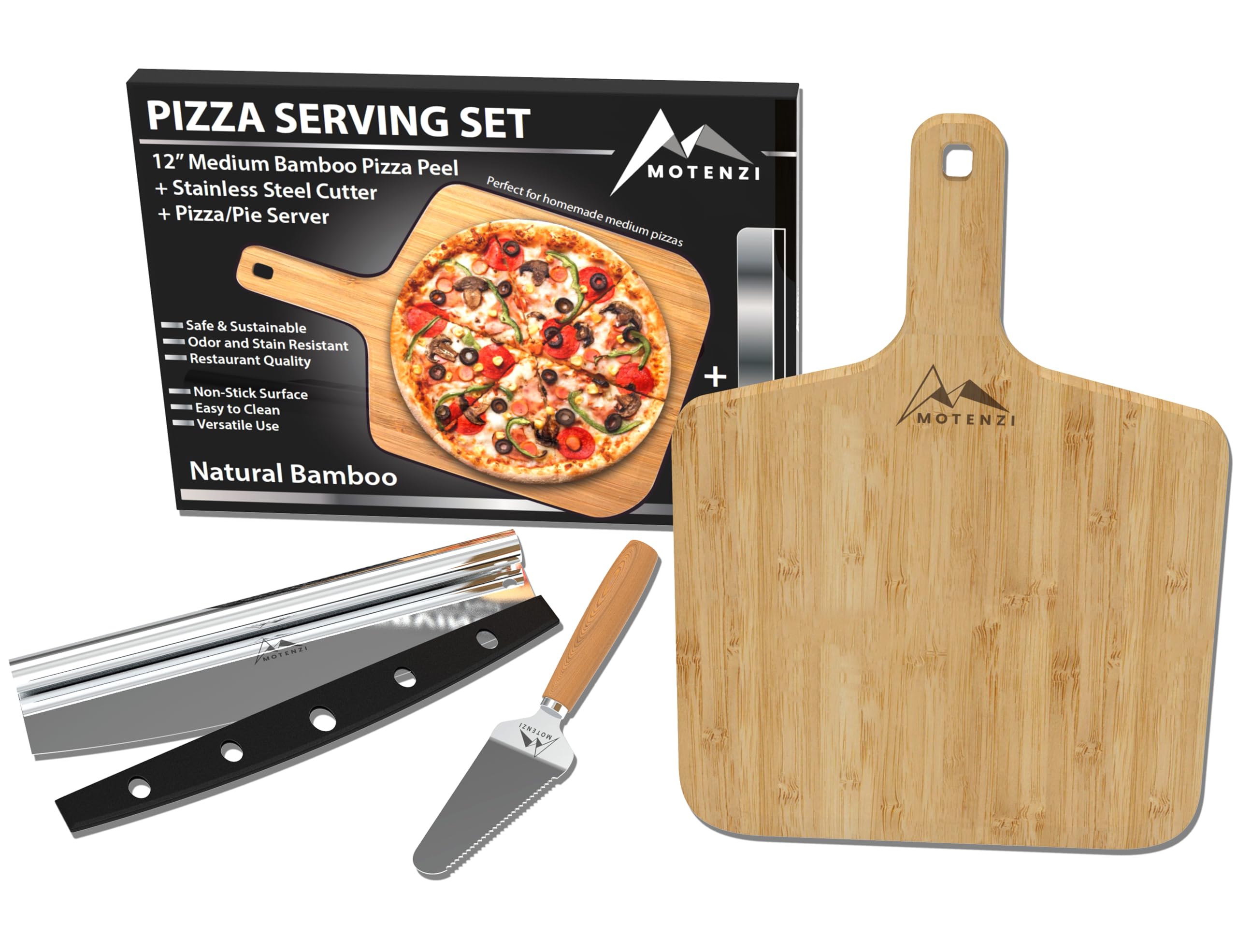 MOTENZI Bamboo Pizza Peel With Cutter and Server, Bamboo Pizza Board Wooden Pizza Paddle Spatula Oven Accessory for Baking Homemade Pizza, Wood Cutting Board for Cheese Bread Fruit Vegetables