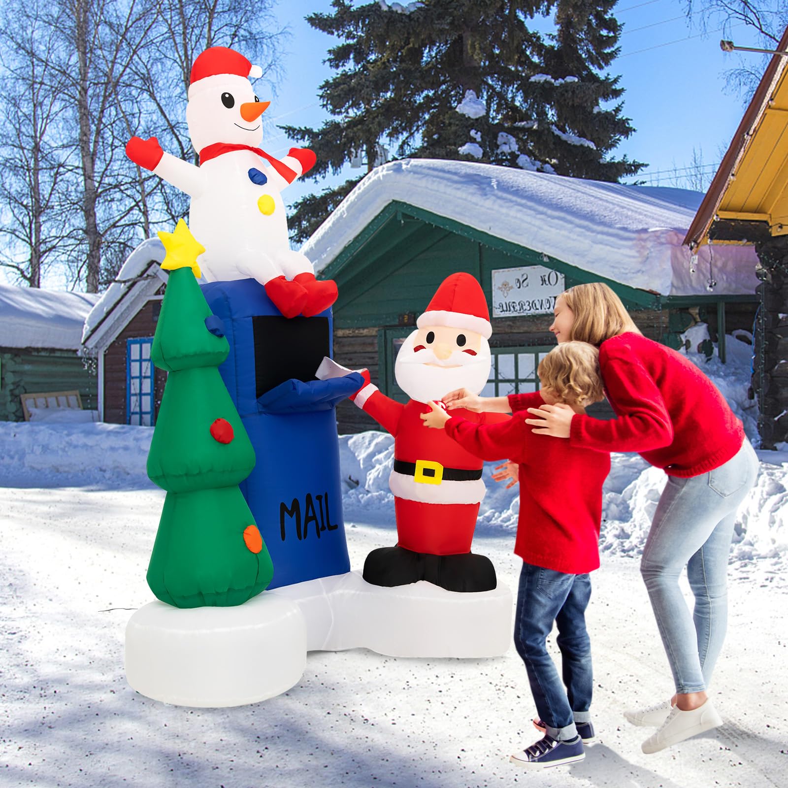 COSTWAY Décoration Gonflable de Noël 185cm avec Lumières LED | Décoration Père Noël Boîte aux Lettres et Bonhomme de Neige avec Sac de Sable pour Fêtes Intérieur/Extérieur