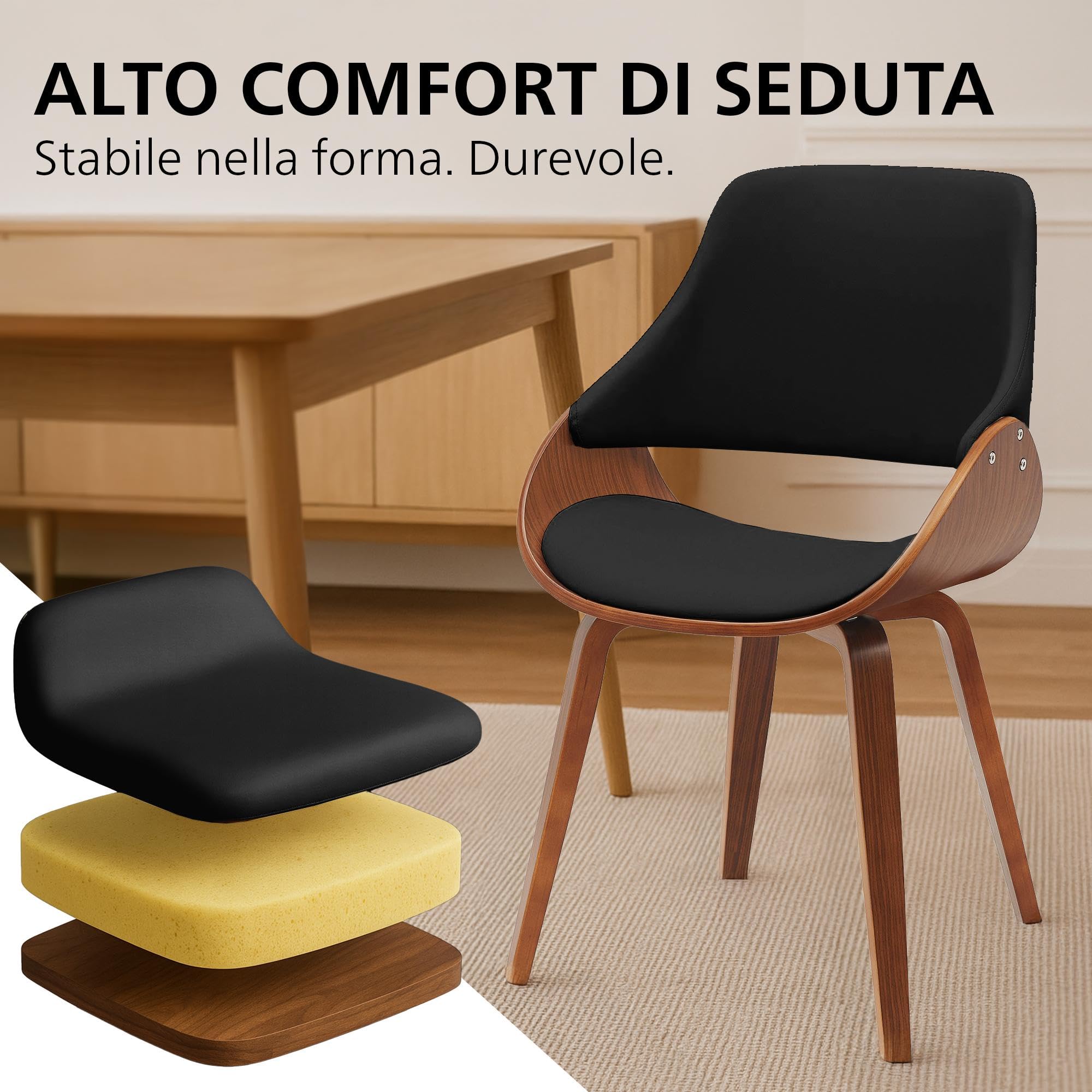 CLP Sedie da Pranzo Set 2 Vangale, con braccioli e Schienale, Imbottite, Struttura in Legno Curvo Effetto Noce, Colore:Noce/Nero, Materiale:Ecopelle