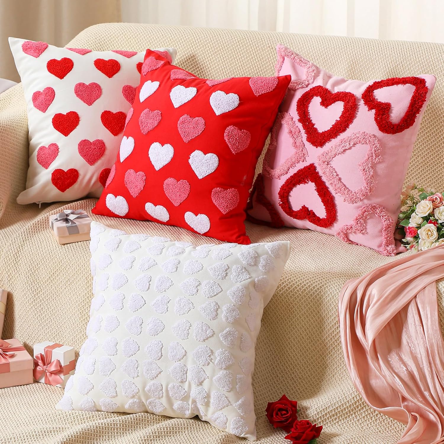 FuWeave 4 Pcs Valentine's Day Throw Pillow Covers 18x18 Inch Red Pink Heart Pillow Cases Soft Heart Shape Embroidery Cushion Covers for Valentine's Day Couch Sofa Bedroom Living Room Home Decor