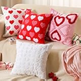 FuWeave 4 Pcs Valentine's Day Throw Pillow Covers 18x18 Inch Red Pink Heart Pillow Cases Soft Heart Shape Embroidery Cushion Covers for Valentine's Day Couch Sofa Bedroom Living Room Home Decor