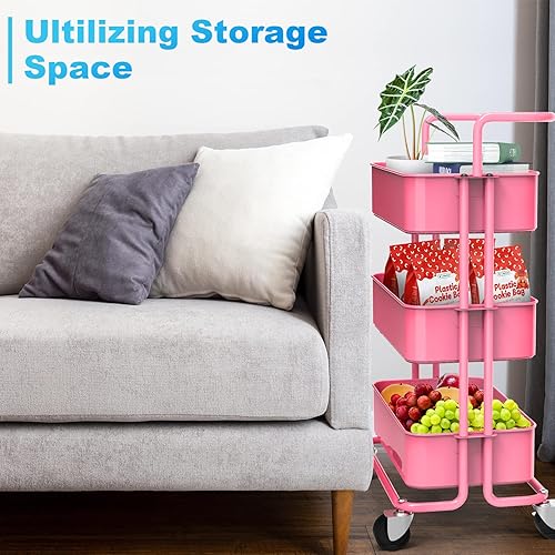 Miniatura 4 de Carrito utilitario de metal de 3 niveles, organizador de malla con asa y ruedas con bloqueo, carrito de almacenamiento multifuncional para cocina,