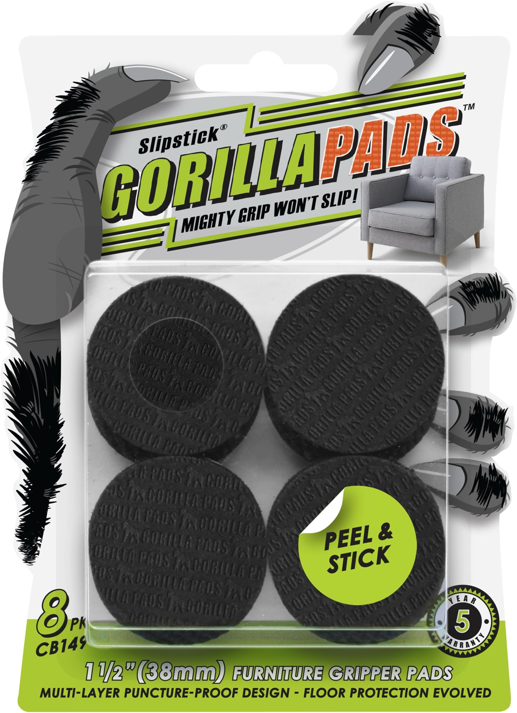 Slipstick GorillaPads CB149 Anti-Slip Furniture Pads/Rubber Grippers (Set of 8) Self Adhesive Furniture Foot Floor Protectors, 1-1/2" Round Black