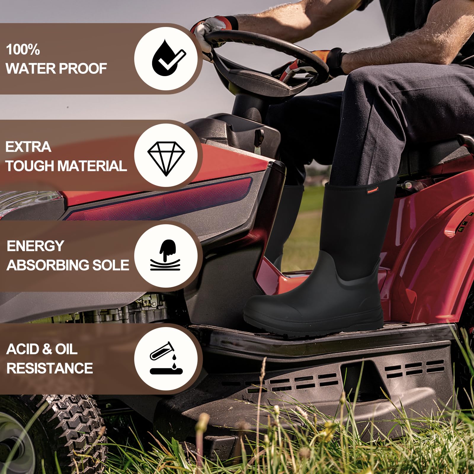 Showave Men's Ultra-Tough Rubber Work Boots Waterproof Rain Footwear Insulated Durable Garden Boots for Hunting Mud Outdoor, Size 10,Black