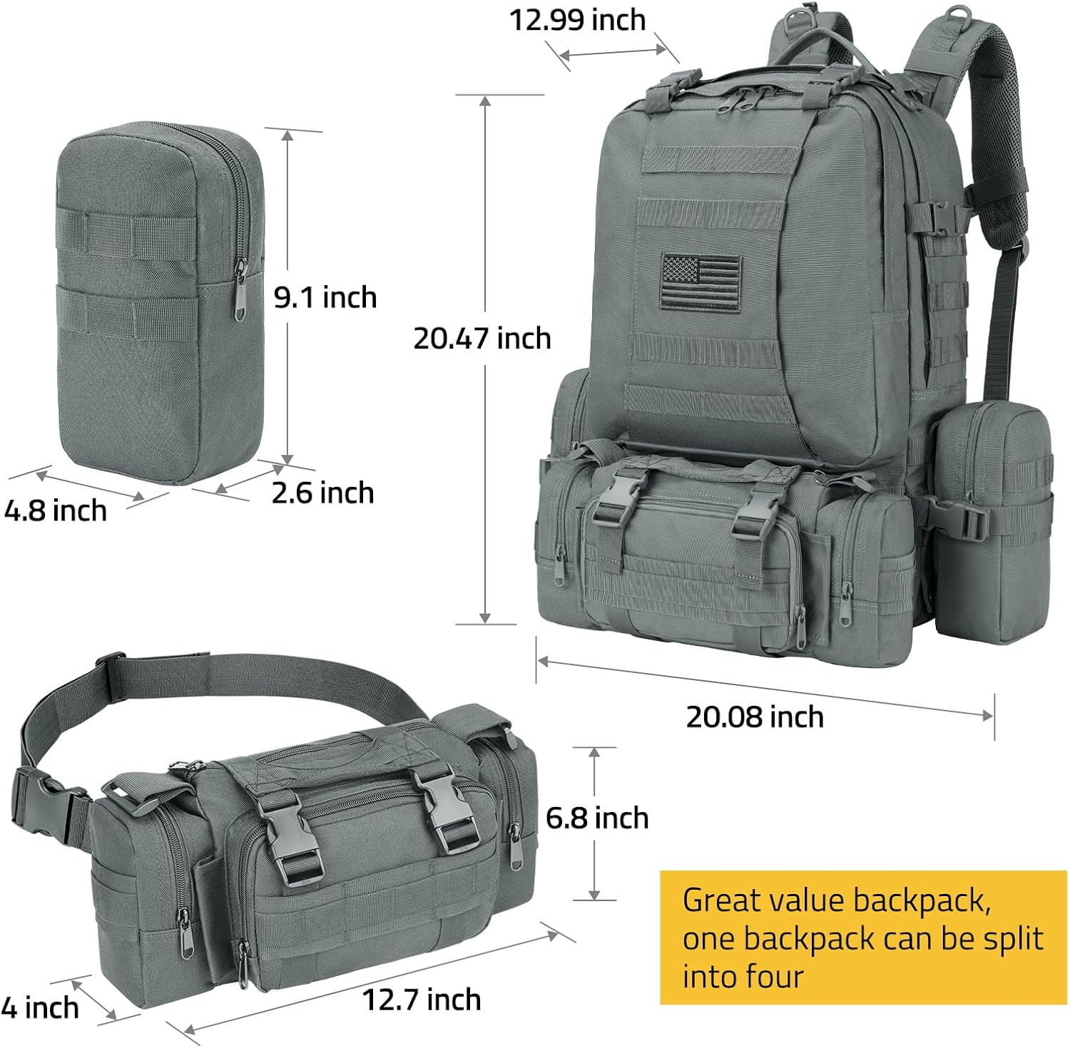 CVLIFE Tactical Backpack Military Army Rucksack 60L Large Assault Pack Detachable Molle Bag, Grey