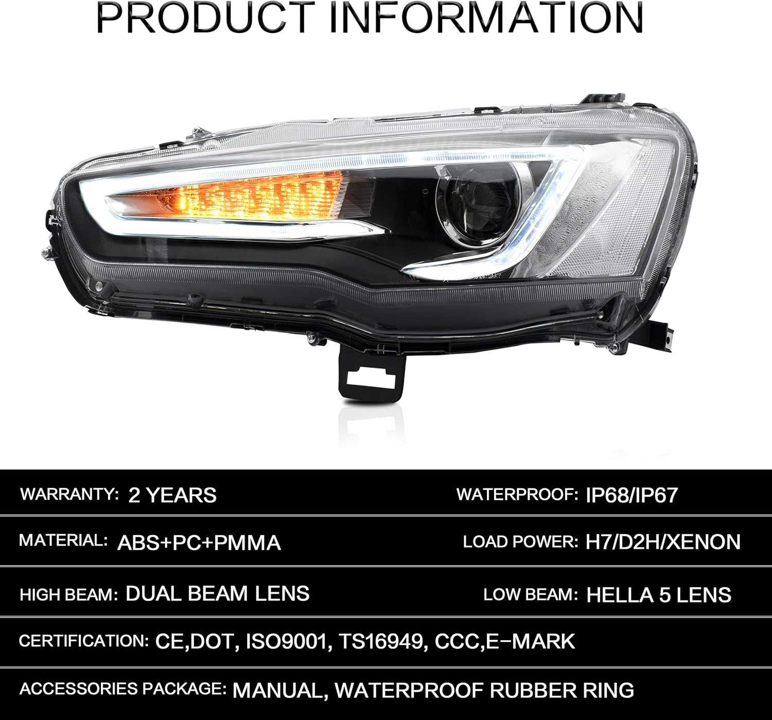 VLAND Headlight Assembly Fit for Mitsubishi Lancer 2008 2009 2010 2011 2012 2013 2014 2015 2016 2017 2018 2019 2020, LED Headlamp Assembly with DRL Sequential Turn Signal, Plug-and-play