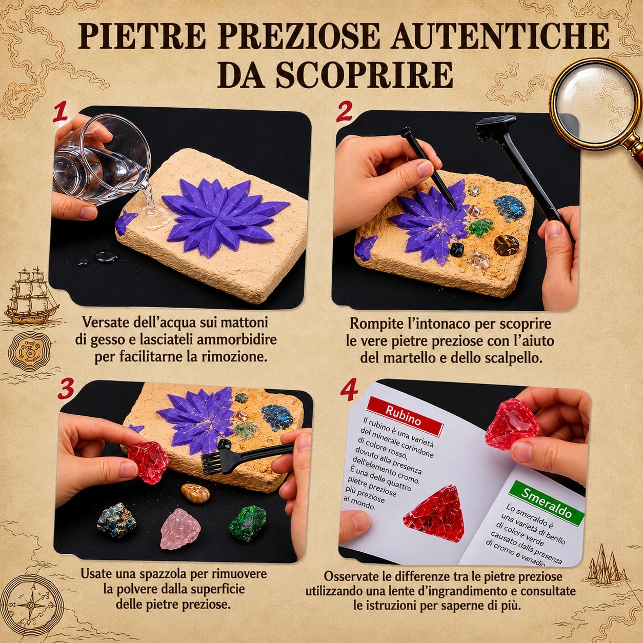 Kit di Scavo per Bambini con 15 Vere Gemme, Pietre e Cristalli da Scoprire, Gioco Educativo di Geologia, Regalo Archeologico per Bambini e Bambine