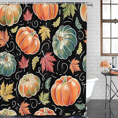 Miniatura 2 de ArtSocket Juego de baño de calabaza y arce con cortina de ducha y accesorios de alfombras, juego de cortina de ducha de calabaza de Acción de