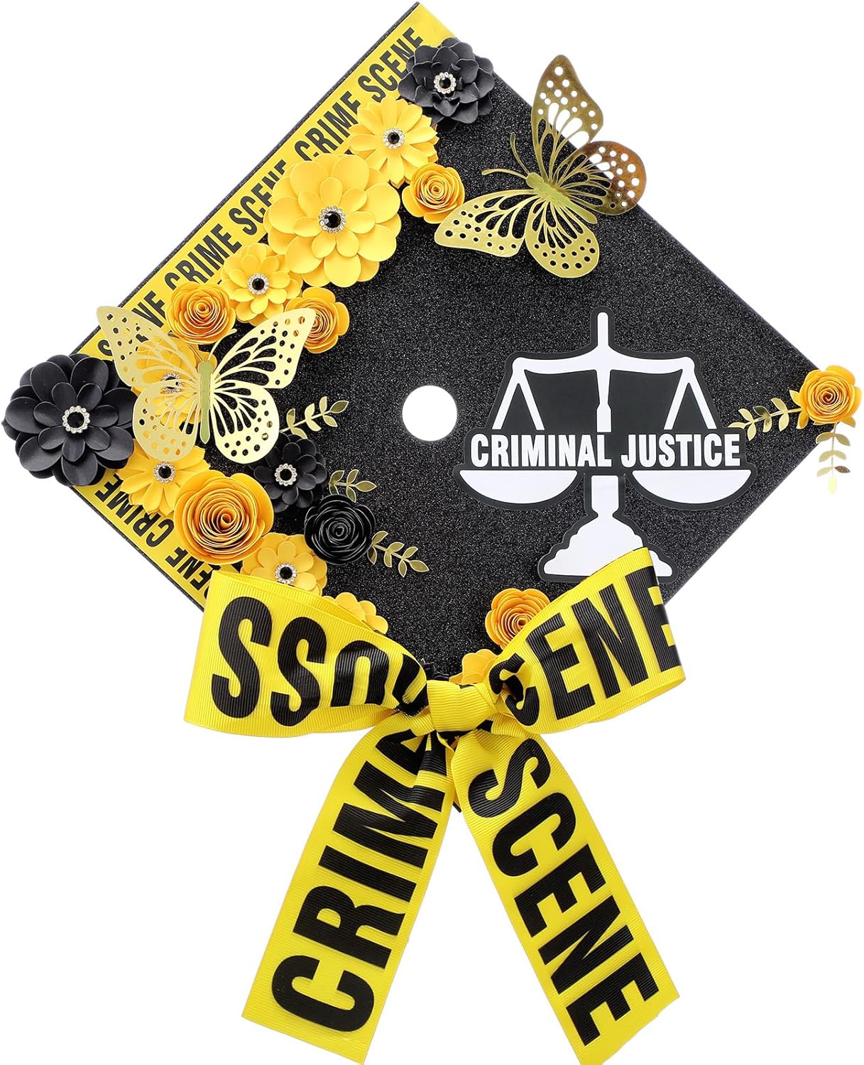 Gersoniel Criminal Justice Graduation Decorations Glitter Grad Cap Topper Graduation DIY Accessory Kit Included Paper Flowers Crime Scene Printed Bow Scale Sticker for Hat (Classic)