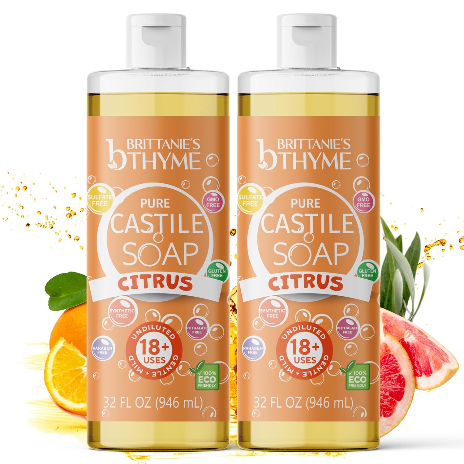 Brittanie’s Pure Castile Liquid Soap Refill, 32 Ounce Pack of 2 | Dish Soap, Hair & Body, Home, Gentle and Pure, Made with Natural Luxurious Oils, Vegan & Gluten Free Non-GMO (Citrus)
