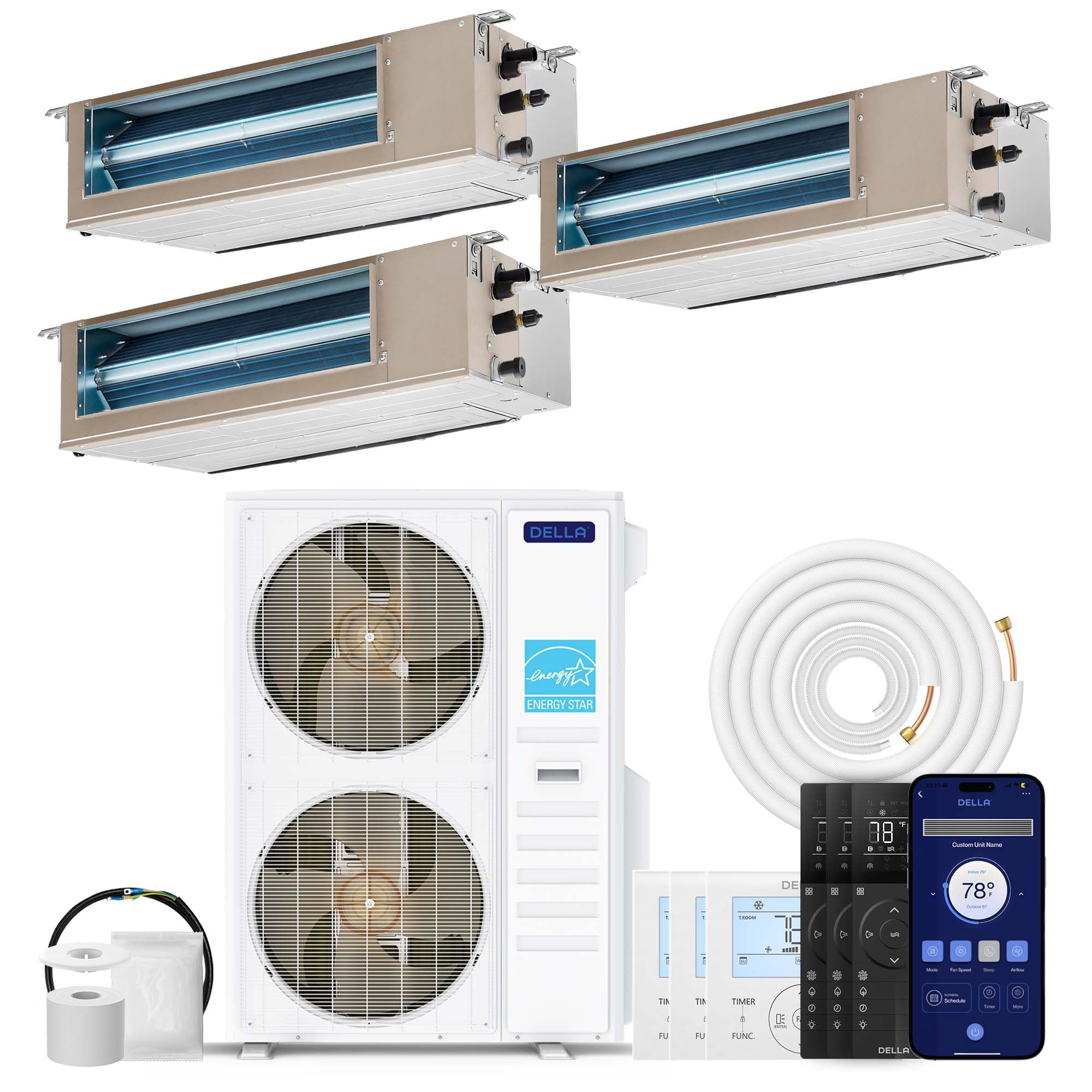 DELLA 48K BTU 3 Zone (2x9K+18K BTU) Concealed Ducted Mini Split AC 20 SEER2