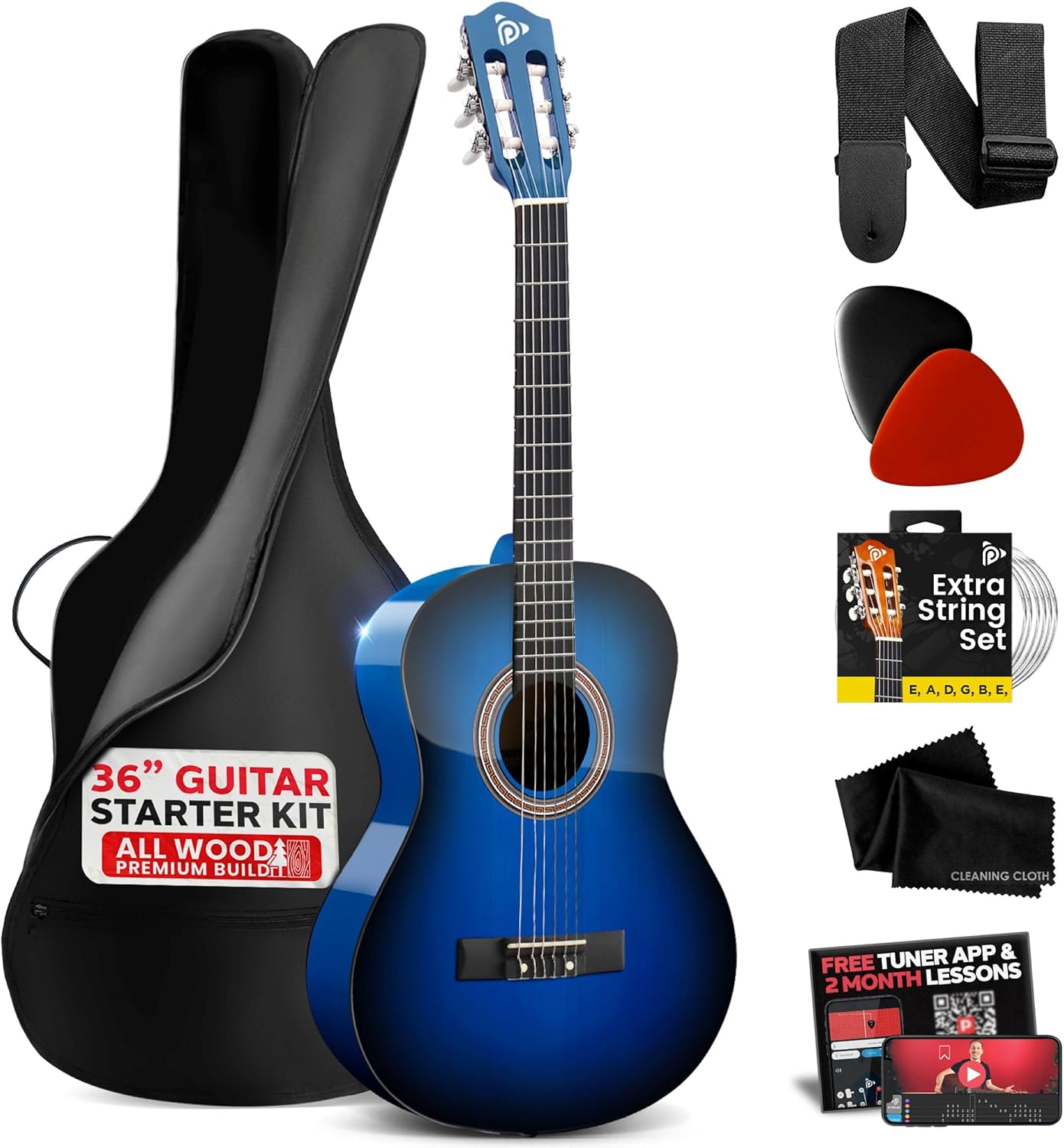 Pyle Beginner Acoustic Guitar Kit, 3/4 Junior Size All Wood Instrument with Full Accessory Kit, Picks, Shoulder Strap, Carry Case, Cleaning Cloth, Tuner App, 2 Month Lessons, 36” (Blue Burst Gloss)
