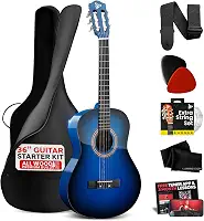 Pyle Kit de guitarra acústica clássica de 91,4 cm, tamanho 3/4, feito à mão, madeira, azul, acabamento fosco, 6 cordas de nylon com afinador Gig Bag, cordas extras, palhetas, alça, iniciantes,