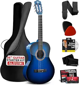 Pyle Kit de guitarra acústica clássica de 91,4 cm, tamanho 3/4, feito à mão, madeira, azul, acabamento fosco, 6 cordas de nylon com afinador Gig Bag, cordas extras, palhetas, alça, iniciantes,