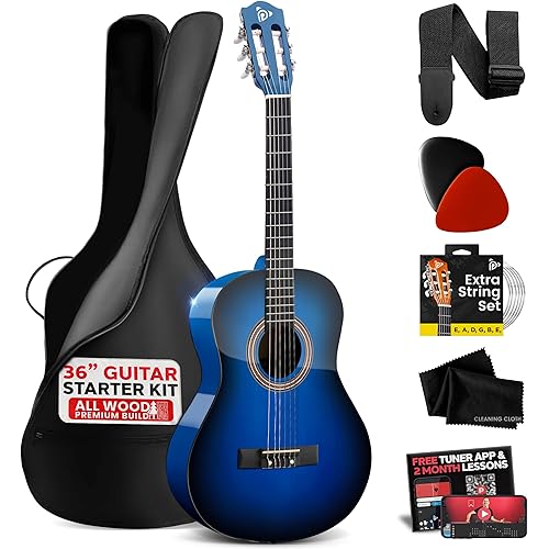 Pyle Beginner Acoustic Guitar Kit, 3/4 Junior Size All Wood Instrument with Full Accessory Kit, Picks, Shoulder Strap, Carry Case, Cleaning Cloth, Tuner App, 2 Month Lessons, 36” (Blue Burst Gloss)