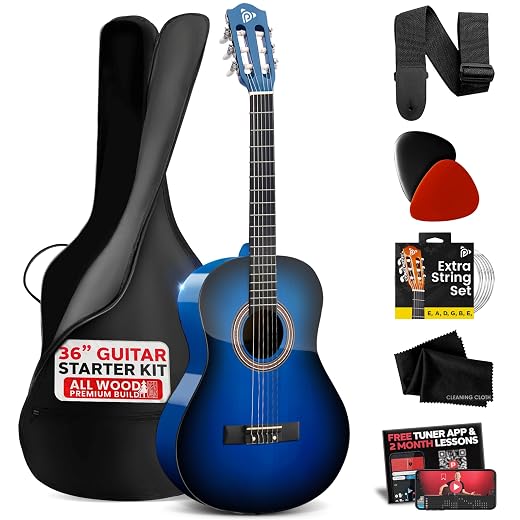 Pyle Beginner Acoustic Guitar Kit, 3/4 Junior Size All Wood Instrument with Full Accessory Kit, Picks, Shoulder Strap, Carry Case, Cleaning Cloth, Tuner App, 2 Month Lessons, 36” (Blue Burst Gloss)