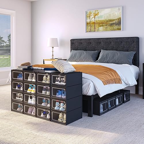 Vista 25 de YITAHOME Cajas de almacenamiento apilables XL, 18 organizadores y cajones para zapatos, color negro (tamaño extra grande)