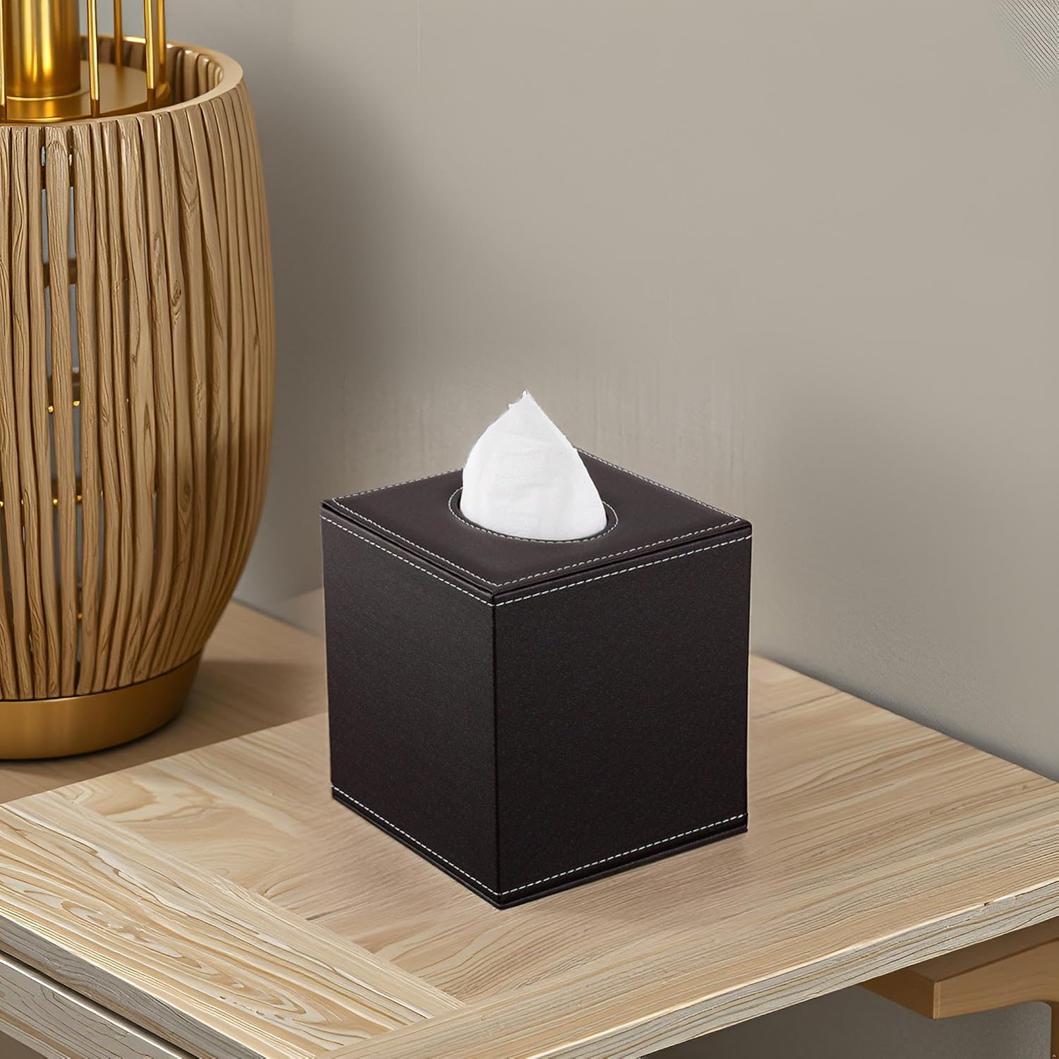 KINGFOM Square Pu Leather Tissue Box Cover, Modern Facial Tissue Holder, Roll Tissues Paper Case Dispenser for Bathroom Vanity Countertop, Night Stands, Office Desk & Car(Brown) image 3