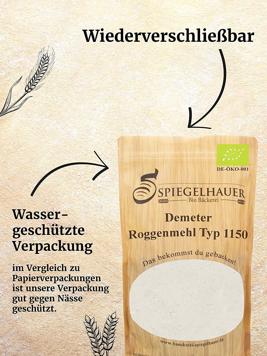 Bäckerei Spiegelhauer Sauerteig Starter Set Roggensauerteig 300 g, 5 Teigschaber, Demeter Roggenmehl Typ 1150 1 kg, 5 Gärkörbchen rund - Natursauerteig Gärkörbchen Set