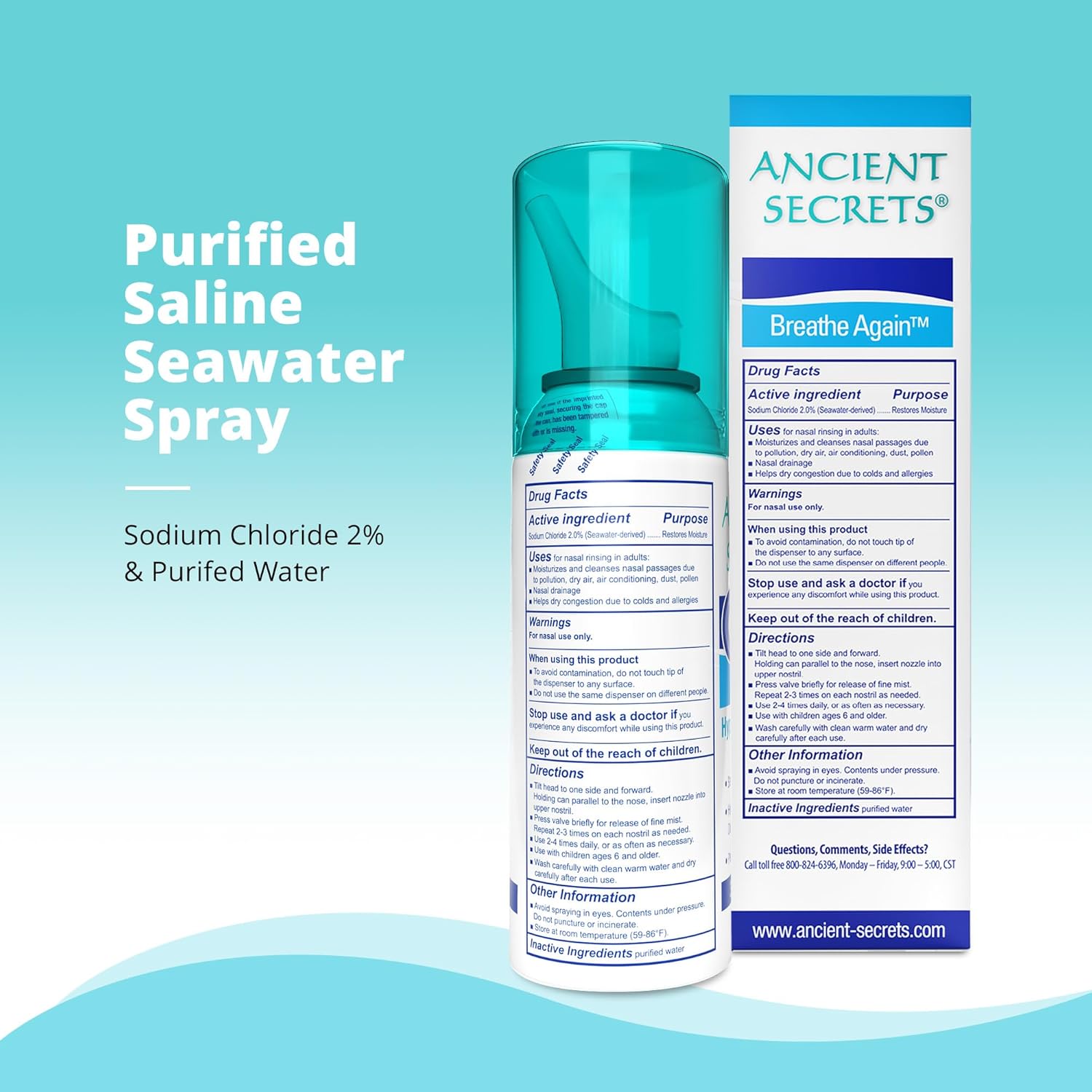 ANCIENT SECRETS Saline Nasal Spray - Breath Again Hypertonic Seawater Nasal Spray, Allergy & Sinus Relief, Nasal Congestion Moisturizer, 3.38 Fl Oz (Pack of 3)