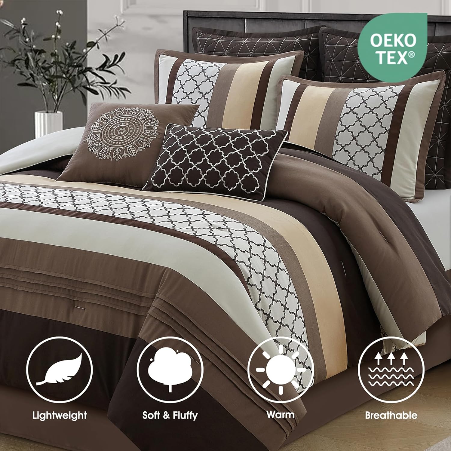King Comforter Set, Brown Bedding Set, Jacquard Woven with Embroidery, 8 Pieces Bed in a Bag, Bed Skirt, Shams and Decorative Pillows - Image 2